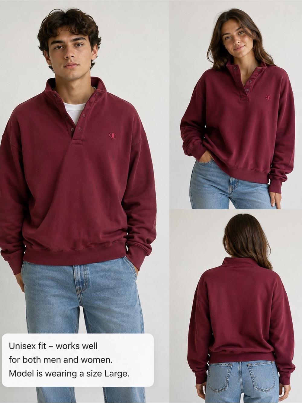 Champion unisex Maroon Crewneck Quarter-Snap Sweatshirt large